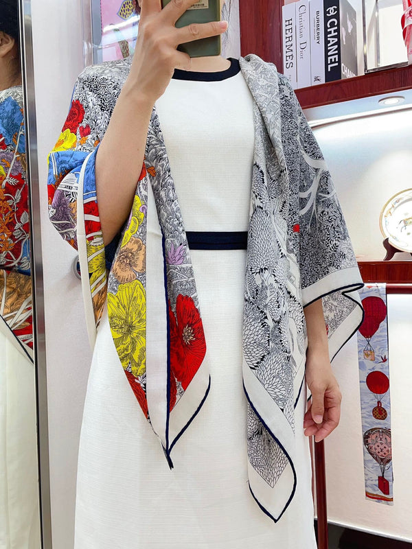 Retour A La Nature Shawl 140CM In Grey White Colorful Cashmere And Silk