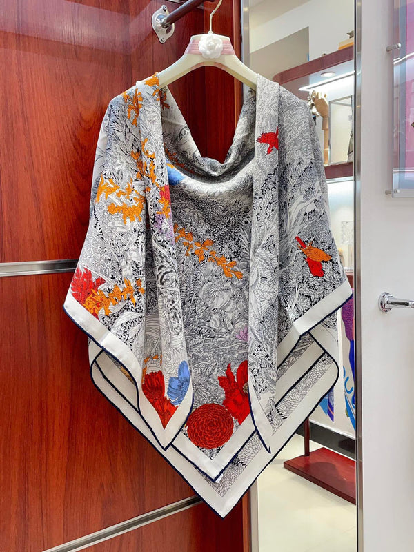 Square Scarf 140CM In Grey White Colorful Cashmere And Silk