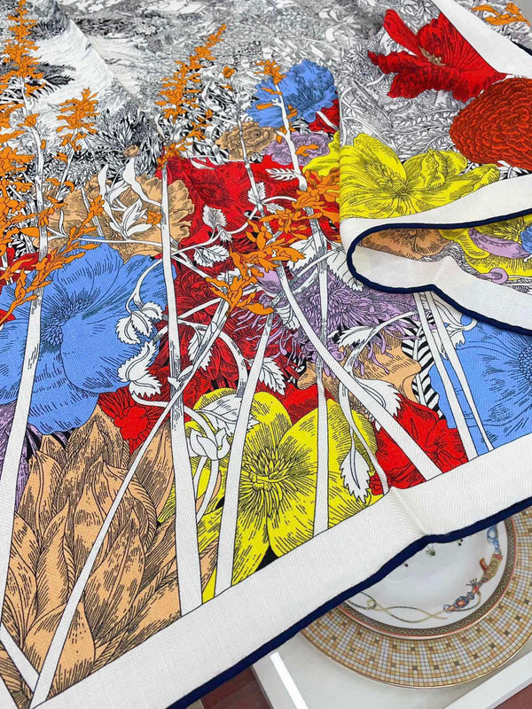 Square Scarf 140CM In Grey White Colorful Cashmere And Silk