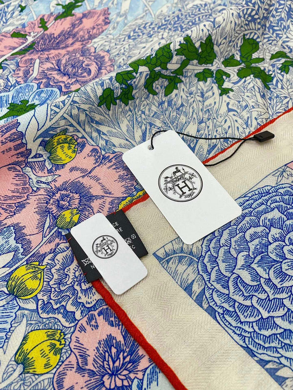 Square Scarf 140CM In Dakr Blue Colorful Cashmere And Silk