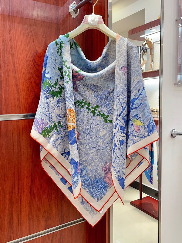 Square Scarf 140CM In Dakr Blue Colorful Cashmere And Silk