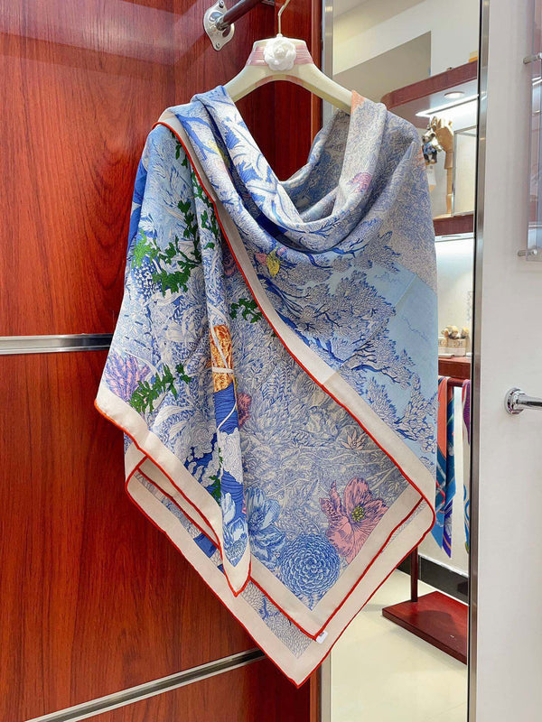Retour A La Nature Shawl 140CM In Dakr Blue Colorful Cashmere And Silk