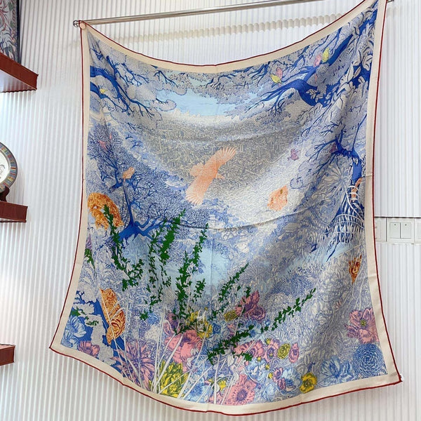 Retour A La Nature Shawl 140CM In Dakr Blue Colorful Cashmere And Silk