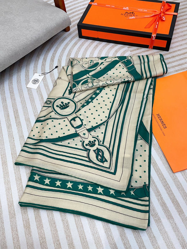 Square Scarf 140CM White Mix Dark Green Cashmere And Silk