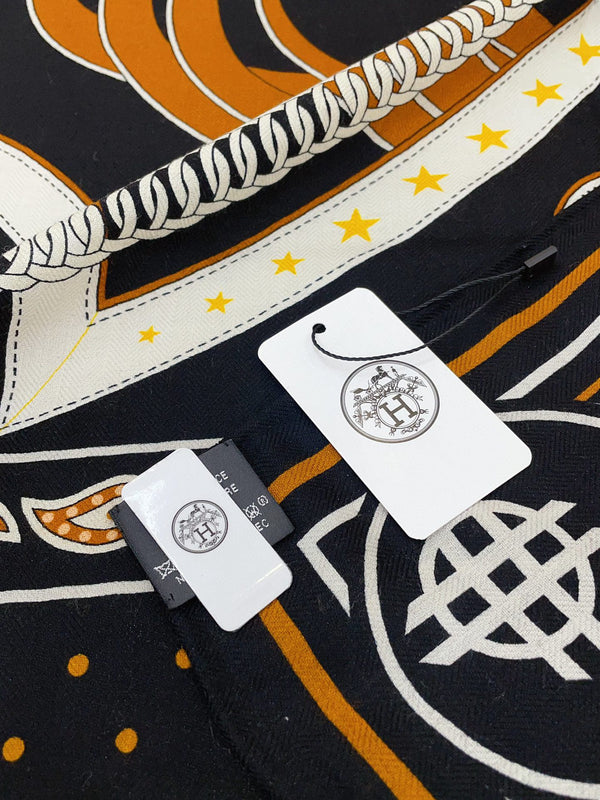 Square Scarf 140CM Black Mix Orange White Cashmere And Silk