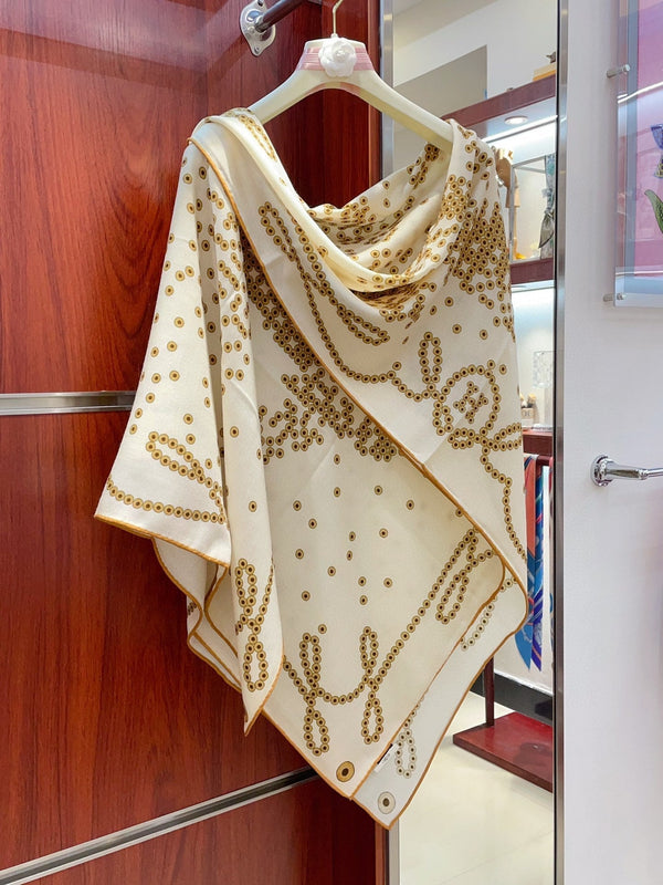 Square Scarf 140 CM Ivory White Pattern Cashmere And Silk