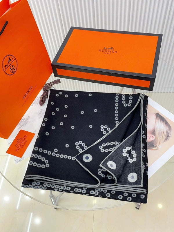 Square Scarf 140 CM Charcoal Blue Pattern Cashmere And Silk