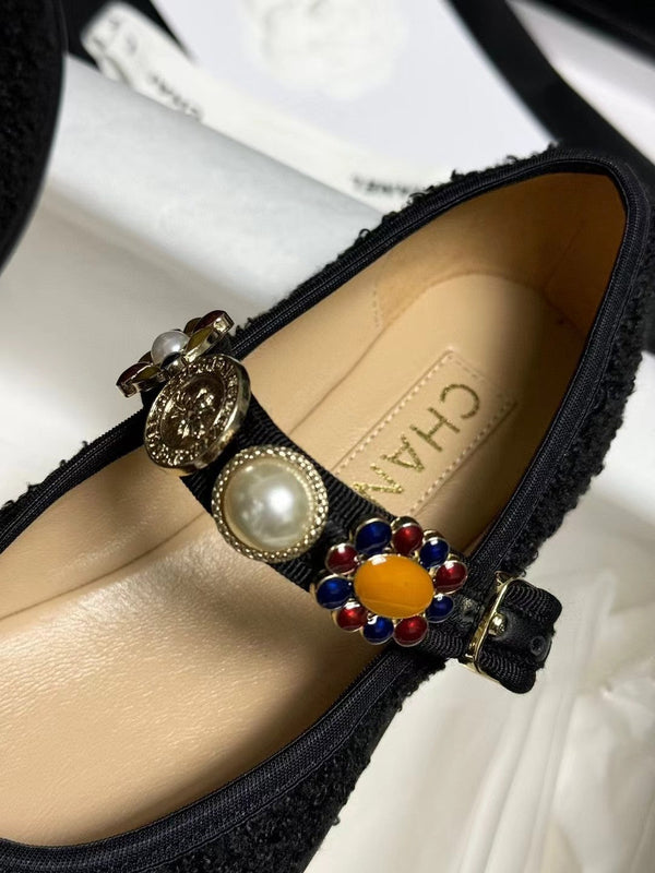 CC MARY JANES IN TWEED DI LANA NERA E TESSUTO