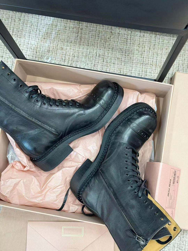 Miu Short Boots Black Paint Calfskin