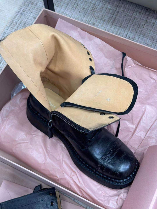 Miu Short Boots Black Paint Calfskin