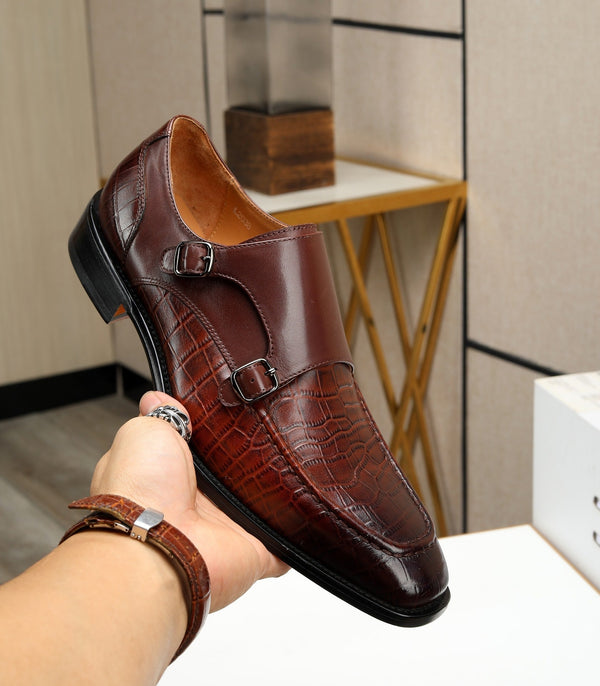 HM DOUBLE MONK STRAP RUSSET WITH CROCODILE MOTIF CALFSKIN