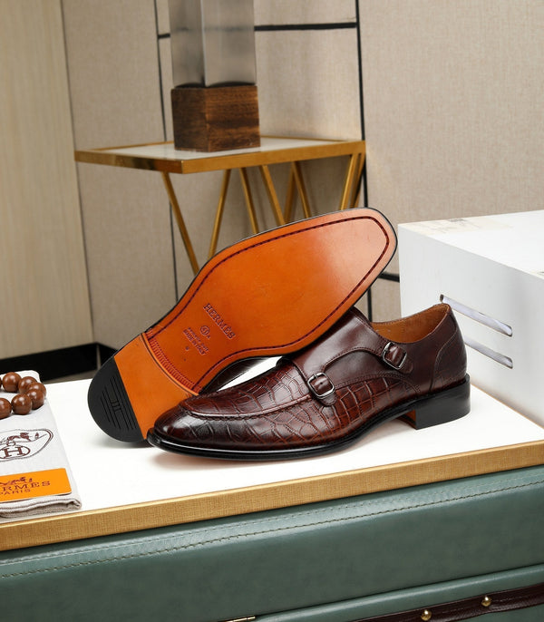 HM DOUBLE MONK STRAP RUSSET WITH CROCODILE MOTIF CALFSKIN