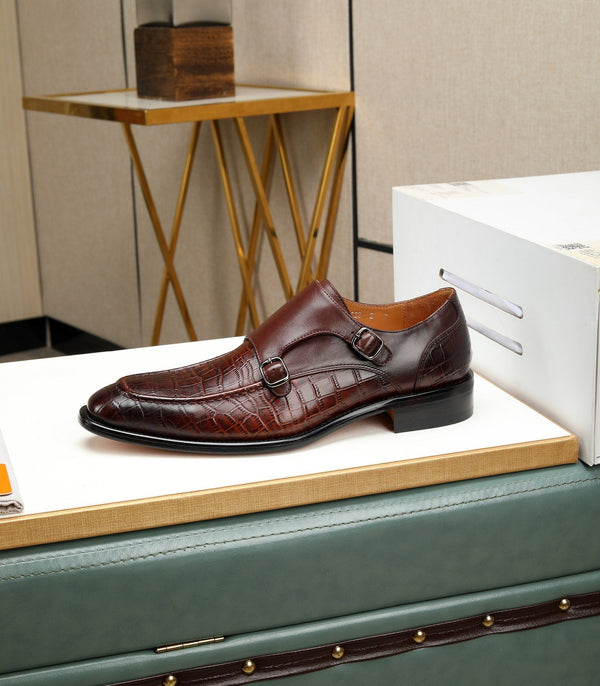 HM DOUBLE MONK STRAP RUSSET WITH CROCODILE MOTIF CALFSKIN