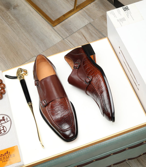 HM DOUBLE MONK STRAP RUSSET WITH CROCODILE MOTIF CALFSKIN