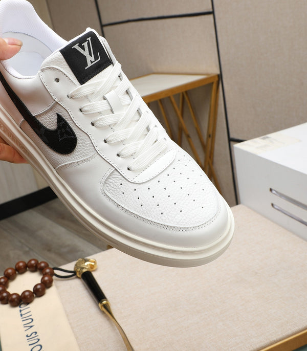 LV AIR FORCE 1 GLOSSY WHITE CALFSKIN WITH BLACK MONOGRAM LOGO