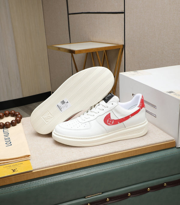 LV AIR FORCE 1 GLOSSY WHITE CALFSKIN WITH RED MONOGRAM LOGO