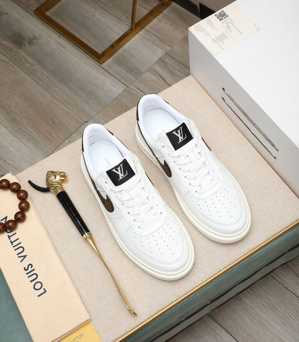 LV AIR FORCE 1 GLOSSY WHITE CALFSKIN WITH BROWN MONOGRAM LOGO