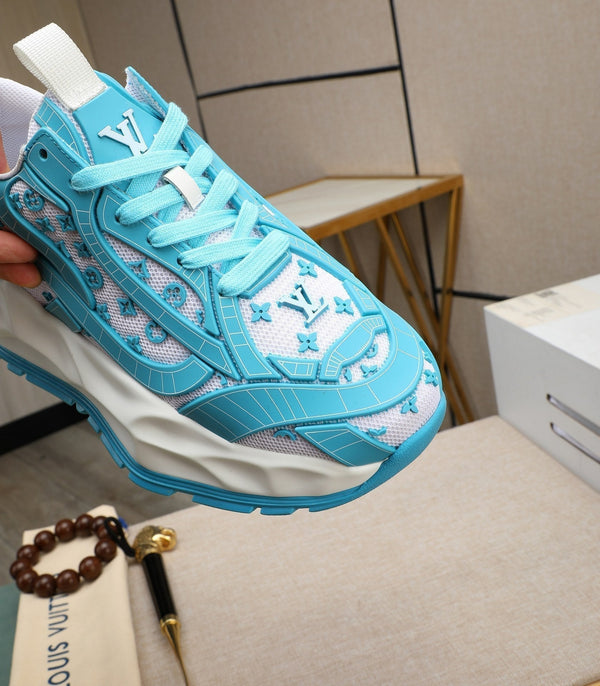 LV TRAINER WHITE MIX BLUE CALFSKIN AND BREATHABLE MESH