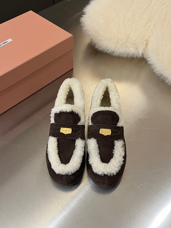 Miu Logo-Embossed Loafer Deep Neutral Suede Shearling 455916