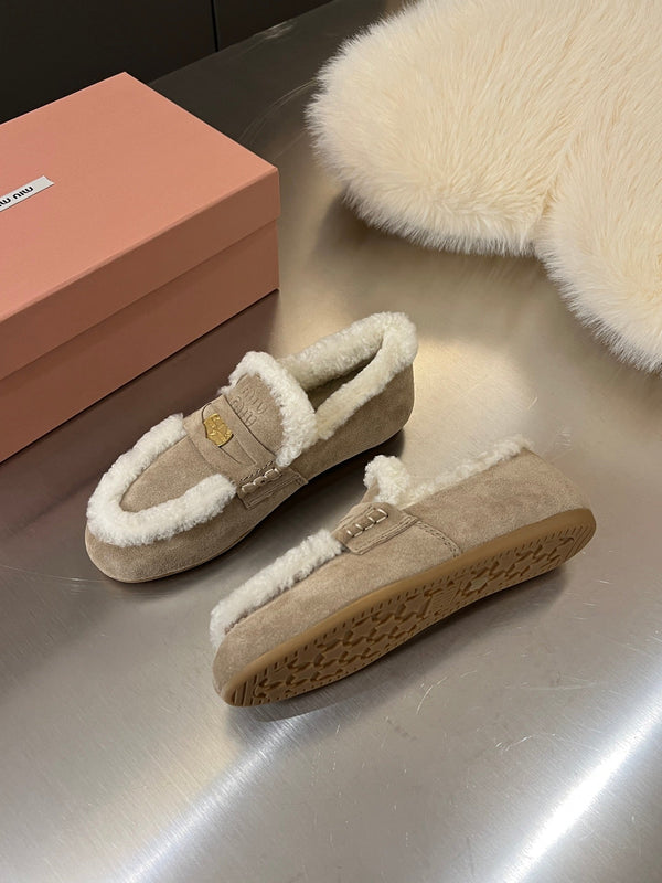 Miu Logo-Embossed Loafer Taupe Suede Shearling 455917