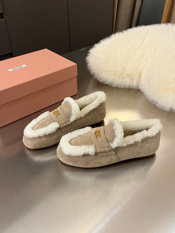 Miu Logo-Embossed Loafer Taupe Suede Shearling 455917