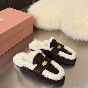 Miu Logo-Embossed Slippers Deep Neutral Suede Shearling 455920