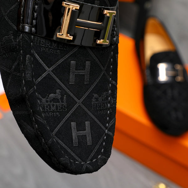 HM SQUARE MOTIF LOAFER BLACK EMBOSSED SUEDE