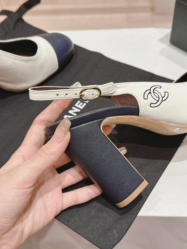 CC 24P SLINGBACKS 95MM WHITE BLACK LAMBSKIN