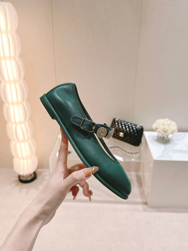 CC MARY JANES GREEN CALFSKIN LIGHT GOLD METALIC