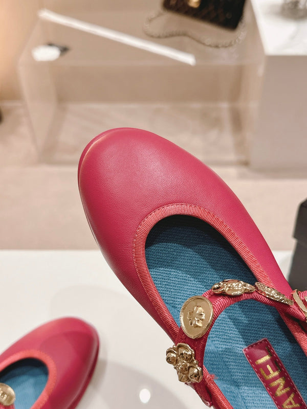 CC MARY JANES DARK RED CALFSKIN LIGHT GOLD METALIC