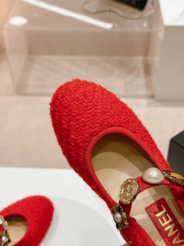 MARY JANE SHOES RED PINK WOOL TWEED