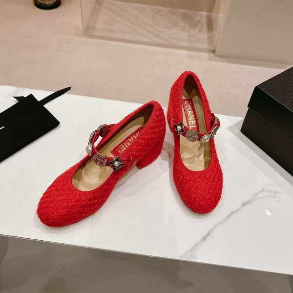 MARY JANE SHOES RED PINK WOOL TWEED