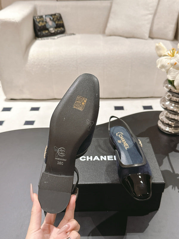 cc 2024k slingback 30mm dark blue suede black pattern calfskin 237501