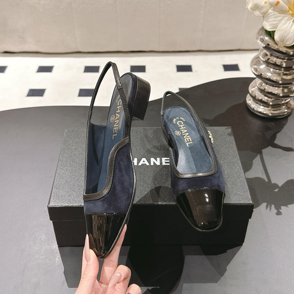 cc 2024k slingback 30mm dark blue suede black pattern calfskin 237501