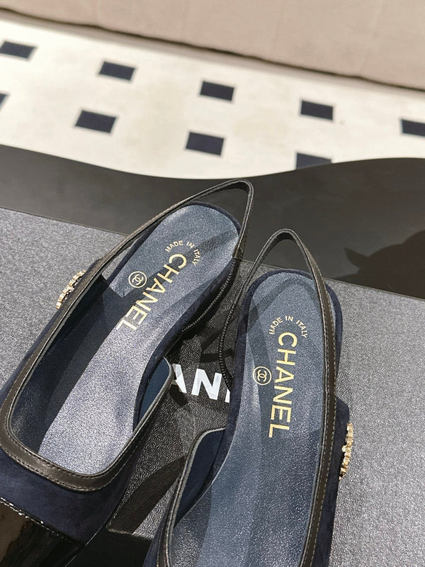 cc 2024k slingback 30mm dark blue suede black pattern calfskin 237501