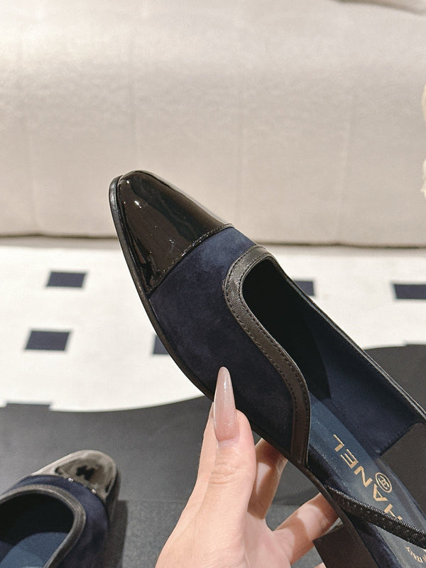 cc 2024k slingback 30mm dark blue suede black pattern calfskin 237501