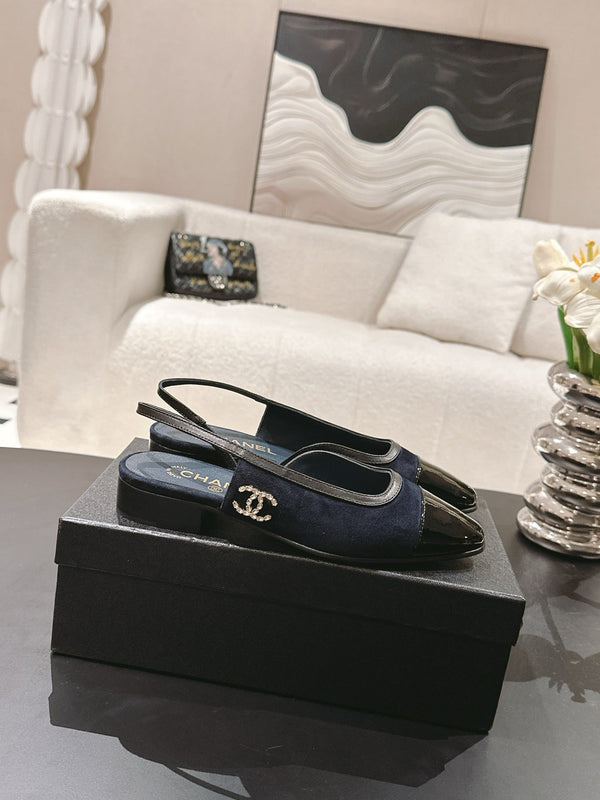 cc 2024k slingback 30mm dark blue suede black pattern calfskin 237501