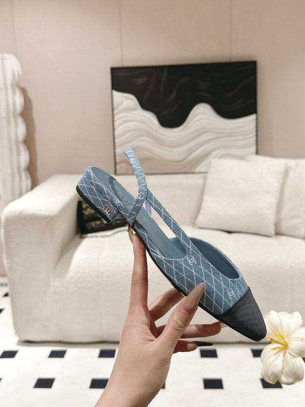 cc 25c slingback flat 15mm cross line pattern light blue denim 237485