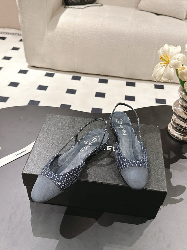 cc 25c slingback flat 15mm cross line pattern dark blue denim 237486