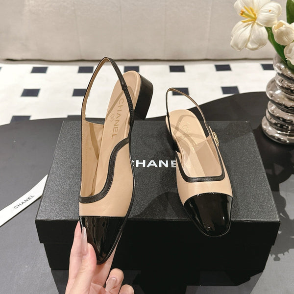 cc 2024k slingback 30mm beige black pattern calfskin 237499