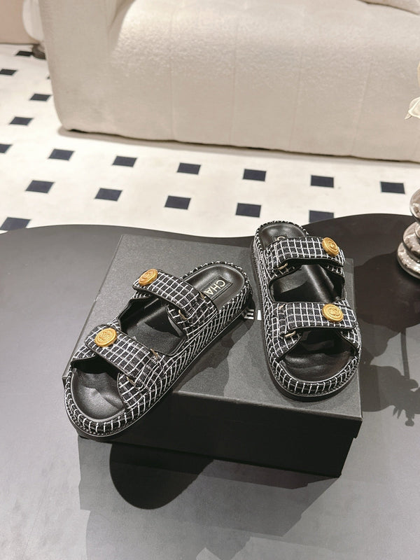 cc 25p dad mule sandal black white tweed 237576