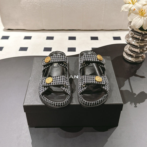 cc 25p dad mule sandal black white tweed 237576
