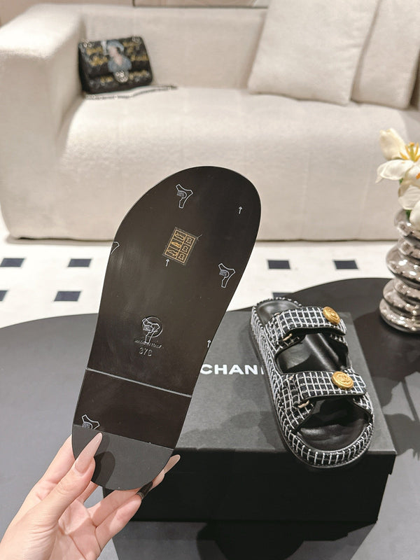 cc 25p dad mule sandal black white tweed 237576