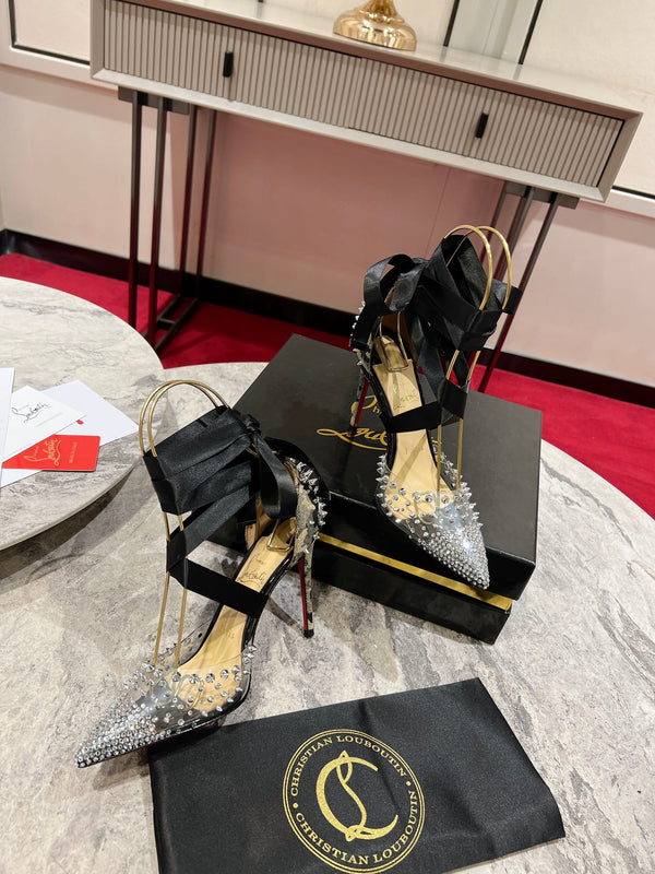 CL Mechante Reine Pumps 100mm Spike Fabric PVC Black