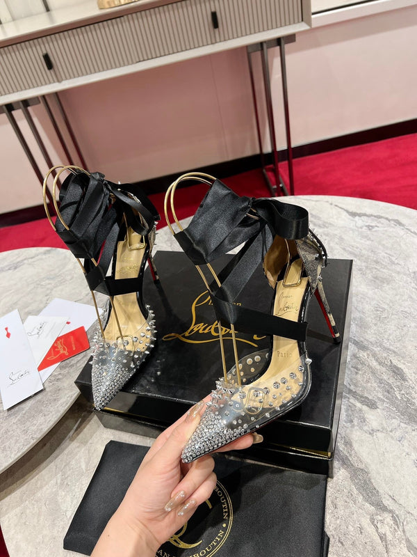 CL Mechante Reine Pumps 100mm Spike Fabric PVC Black