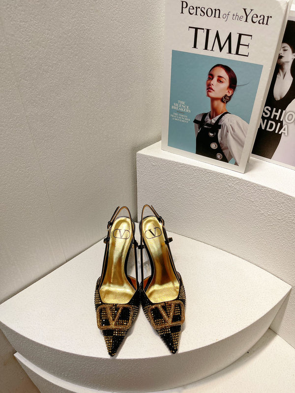 VT High Heeled Slingbacks Black Gold Sheepskin 292827