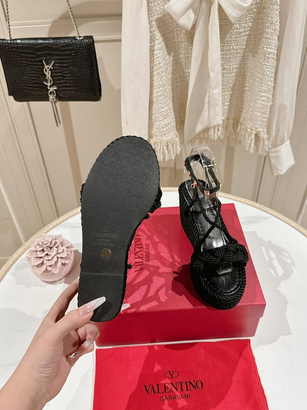 Garavani Rockstud Wedge Sandals 100mm In Black Calfskin And Nylon Rope 829395