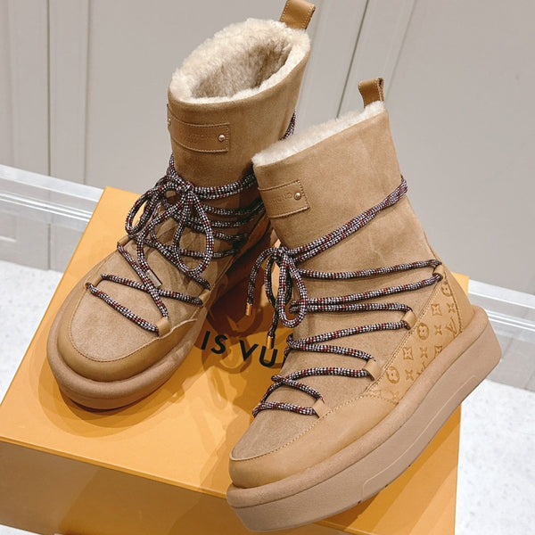 STIVALETTO CON PLATEAU ASPEN IN CAMOSCIO E SHEARLING CON MONOGRAMMA MARRONE SIDRO