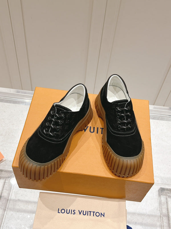 LV Ruby Flat Derby Sneaker Black Embossed Suede 480788
