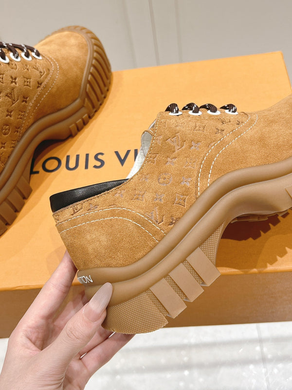 LV Ruby Flat Derby Sneaker Brown Embossed Suede 480789